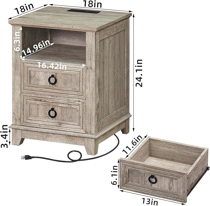 18" Farmhouse Night Stands Set of 2 with Charging Station, 2 & 3 Drawers End Table Dresser for Bedroom, Oak Wooden Nightstand, Bed Side Table with Open Shelf, Bedside Cabinet for Living Room-HomvellaHome