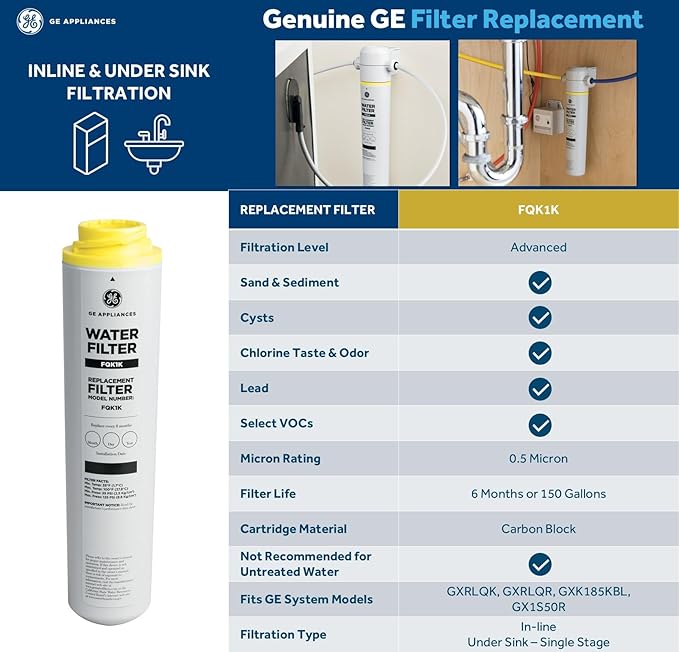 GE FQK1K Under Sink Water Filter | Replacement for Water Filtration System | Easy Install | Reduces Sediment, Rust & Other Impurities from Water | Replace Every 6 Months for Best Results | 1 Filter-HomvellaHome