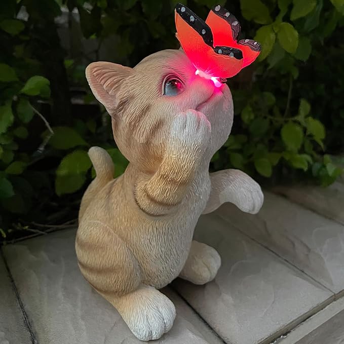 Garden Decor Solar Cat Figurines Cat Lover Gifts with LED Butterfly Lights for Indoor Outdoor Decor for Yard Garden Patio Decor Gifts for Women Grandma Mother's Day Birthday-HomvellaHome
