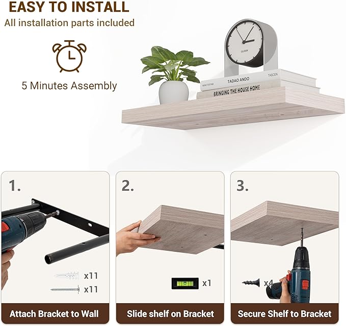 16 Inch Floating Shelves, 3D Textured Wood Grain, 16"x9.25"x1.5" Inch Deep Floating Shelves for Wall, Wooden Shelves for Bathroom, Bedroom, Living Room, Washed White-HomvellaHome
