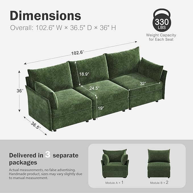 102.6" Modular Sectional Sofa, Oversized 3-Seater Green Couch with Removable Chenille Fabric Cover, Deep Seat & High Backrest for Living Room, Office & Apartment-HomvellaHome