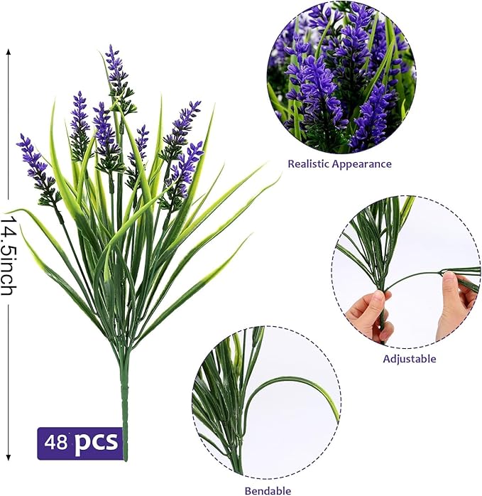 Geegoods 48 Bundles Artificial Plants Flowers Outdoor – Faux Lavender Flowers with Monkey Grass UV Resistant Plastic Faux Plants for Garden Porch Window Patio Hanging Planter Home Decor-HomvellaHome