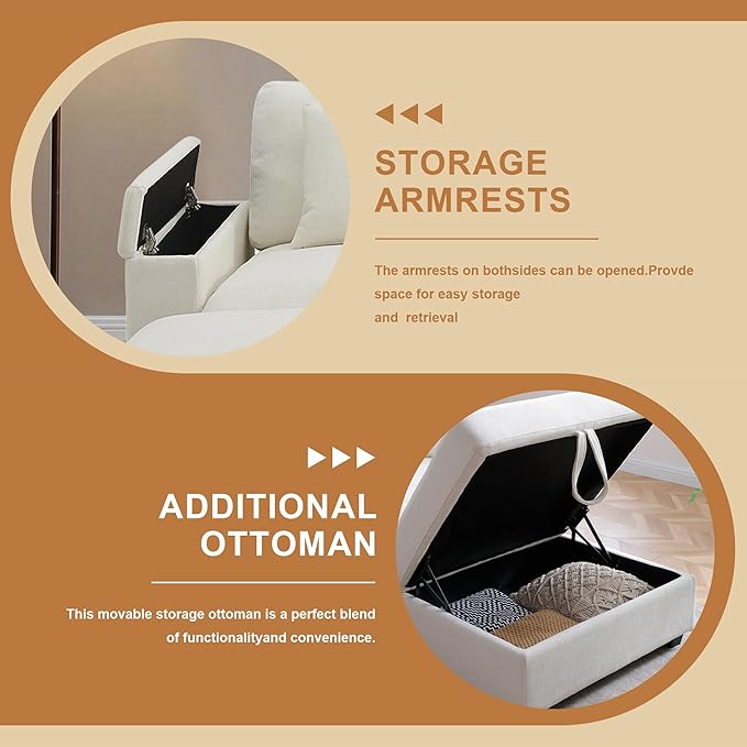 120.3" Modern L-Shaped Sectional Sofa with 360°Swivel Drop-Down Table, Storage Armrest, USB Ports & Movable Storage Ottoman – Plush Linen Cloud Couch for Lounge (Beige)-HomvellaHome