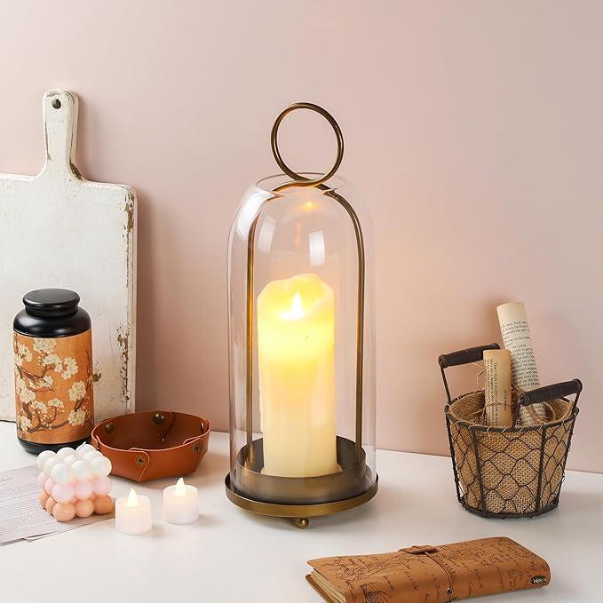 16" High Versatile Modern Metal Hurricane Lantern with Handmade Sturdy Glass Dome for Pillar Candle & Plants (Brass, 6.3"x16.5")-HomvellaHome