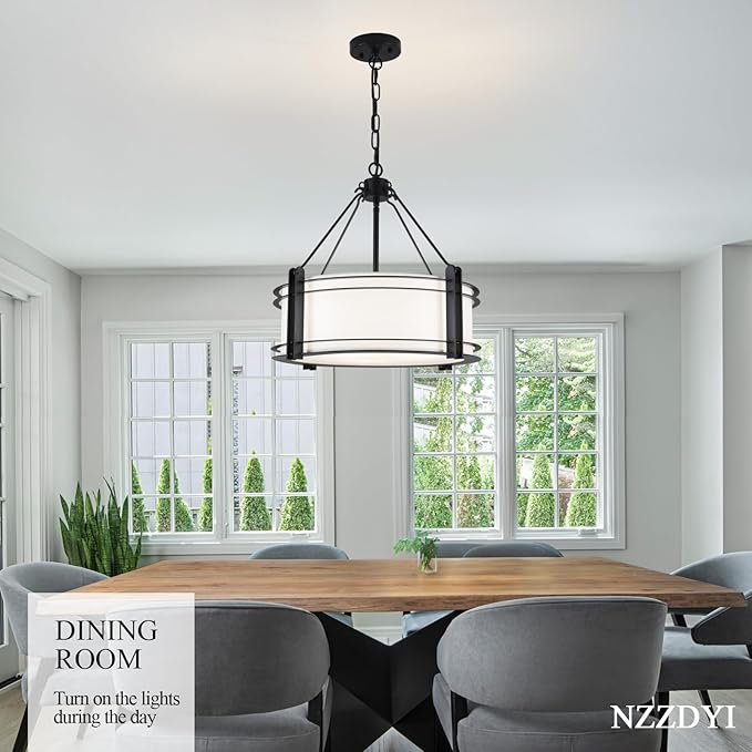 16.3''Black Drum Chandelier 3-Light Modern Farmhouse Chandelier with White Fabric Shade Adjustable Drum Pendant Light Fixture for Dining Room Kitchen Island Hallway Living Bedroom-HomvellaHome