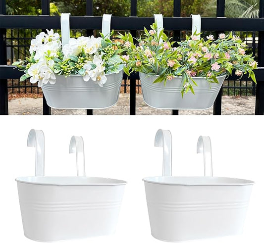 10" Hanging Flower Pots, Pack of 2 White Metal Outdoor Patio Balcony Planter, Railing Planters Fence Pot with Detachable Hook & Drainage Hole for Small Plants (White, 2Pcs)-HomvellaHome