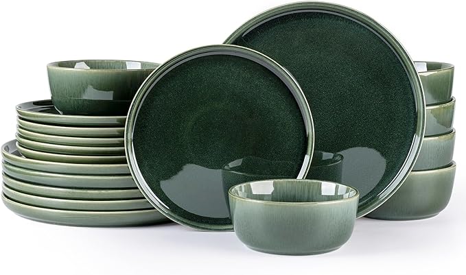 GBHOME Ceramic Dinnerware Sets for 6, 18 Pieces Stoneware Plates and Bowls Sets, Reactive Glaze Dishes -Scratch Resistant, Dishwasher&Microwave Safe, Earth Green-HomvellaHome