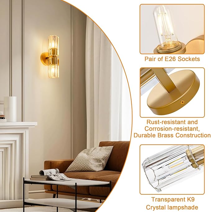 Gold Crystal Wall Sconces Set of Two, Wall Sconce Set of 2, Brass Sconces Wall Lighting with K9 Crystal Lampshade, Wall Lights for Bedroom Living Room Bathroom Hallway-HomvellaHome