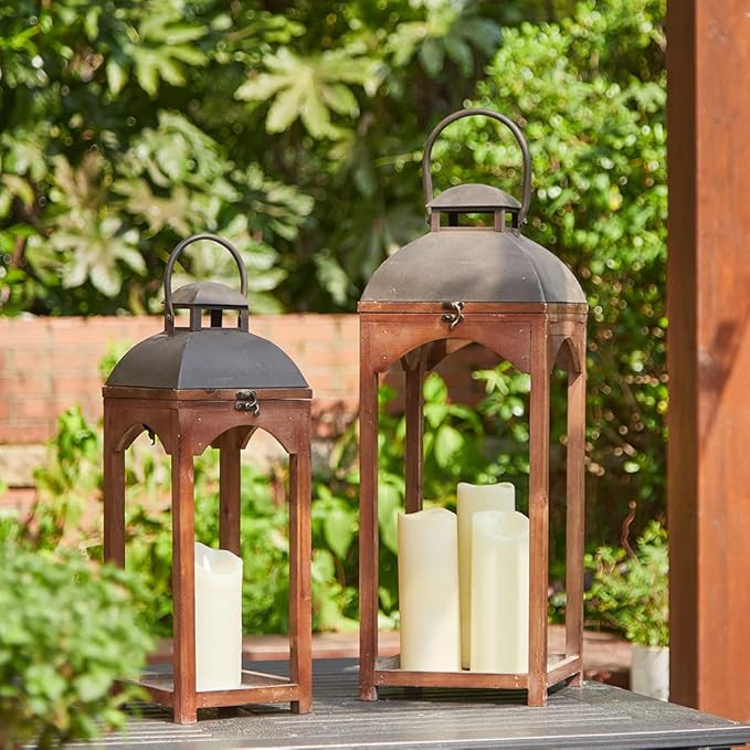 Glitzhome Set of 2 Mondern Farmhouse Wooden Lantern Hanging Decorative Candle Lanterns for Outdoor & Indoor Brown (No Glass)-HomvellaHome
