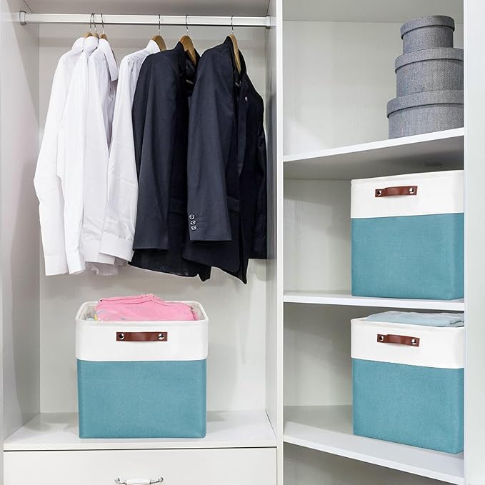 13x13 Cube Storage Bins, Collapsible Fabric Storage Box, 4 Pack Closet Baskets with Handles for Organizing, Shelf, Toys, Clothes, Home, Office, Nursery (Teal&White)-HomvellaHome
