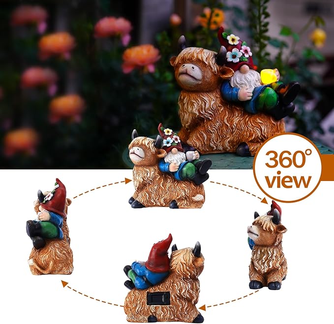 Garden Gnomes Decor Outdoor Statues Gnome on Highland Cow Hold Solar Cup Light Outdoor Decorations for Patio,Yard and Gift for Mom-HomvellaHome