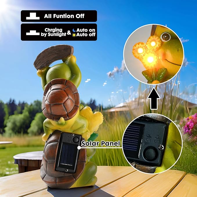 Garden Turtle Outdoor Statues, Solar Garden Statue Two Sweet Frog Face Turtles Decor with 3 LED Lights, Unique Art Resin Gifts for Patio Lawn Porch Yard-HomvellaHome