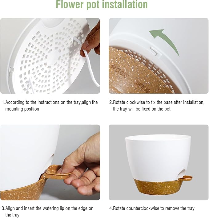 10/9/8 inch Medium Self Watering Pots, Planter, Plant Pots with Mesh Drainage Holes for Indoor Outdoor Garden Plants, Plastic Flower Pots with Removable Deep Reservoir, White with Brown-HomvellaHome