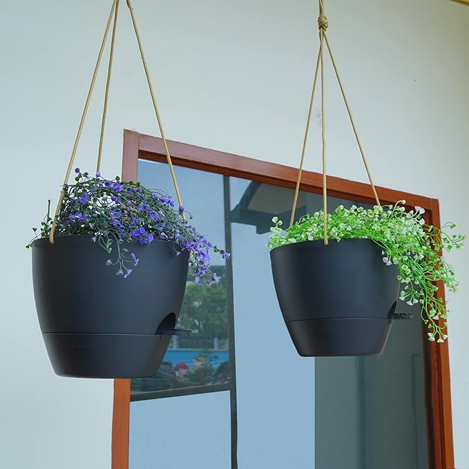 10 Inch Self Watering Hanging Pots, 2 Pack Hanging Planters with 40oZ Deep Reservior for Indoor Outdoor Plants Flowers, Black-HomvellaHome
