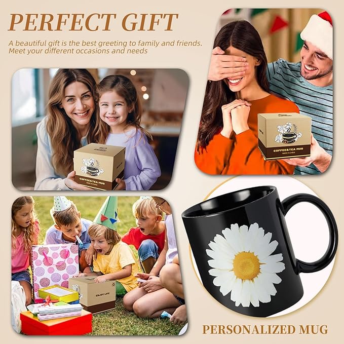 12Oz Daisy Black Ceramic Mug, Mug for Daily Coffee and Tea, Lead-free, Microwave and Dishwasher Safe Coffee Mug, Perfect gifts for women and men-HomvellaHome