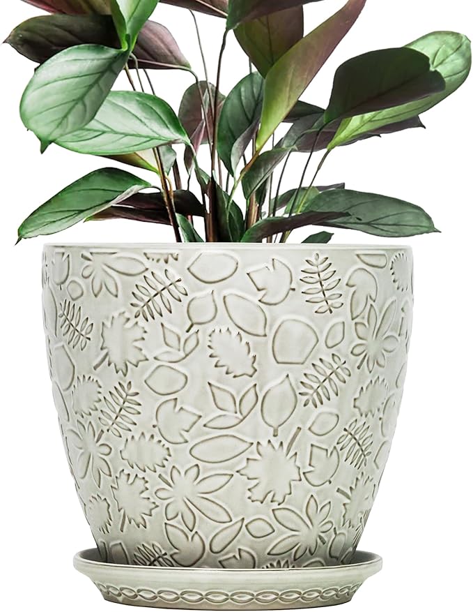 10inch Retro Ceramic Planter with Drainage Hole and Saucer for Multiple Plants, Indoor-Outdoor Garden Pots for Succulent, Orchid, and Flower (Fits Inner Pots Up to 9 Inch, Retro White)-HomvellaHome