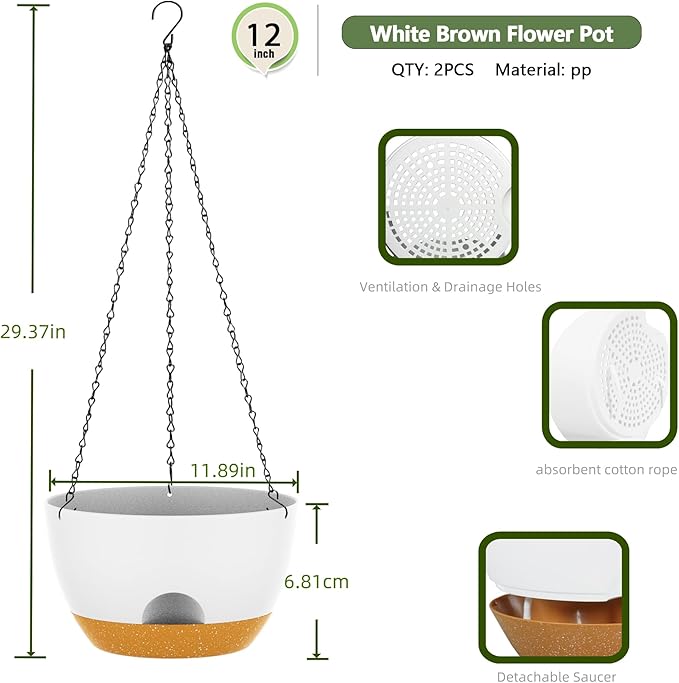 12 Inch Hanging Baskets 2 PC with Chains, Self-Watering Hanging Planters for Indoor Outdoor Plants, Plastic Hanging Flower Pots,White Brown-HomvellaHome