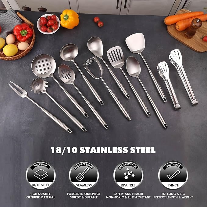 18/10 Stainless Steel Kitchen Utensils Set - 12 PCS All Metal Cooking Tools & 15″ Serving Utensils - Potato Masher, Meat Fork, Tongs, Turner, Pasta, Serving Spoon, Skimmer, Ladle, Spatula Spoon Set-HomvellaHome