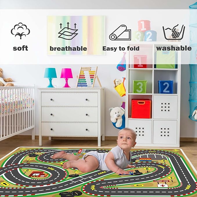 Kids Rug Play mat Playroom Rugs Car Rugs for Kids Toy Cars Race Track for Classroom Rug (Race-Brown, 5.2x7.9ft)-HomvellaHome