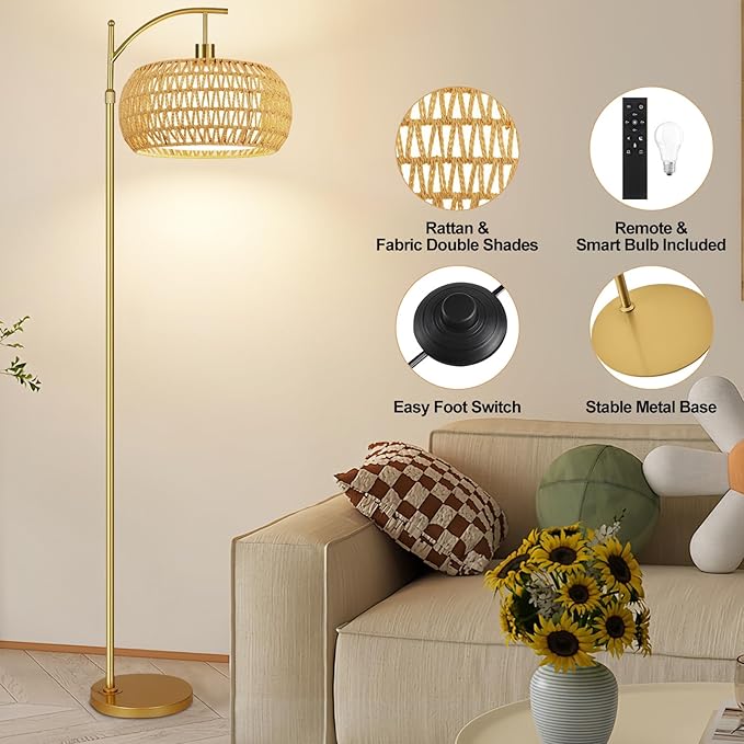 Gold Floor Lamps for Living Room Rattan Boho Floor Lamp with Remote Control,Dimmable Arc Floor Lamp Wicker LampShades Brass Standing Lamp with 3 Color Temperature Tall Floor Lamps For Bedroom Corner-HomvellaHome