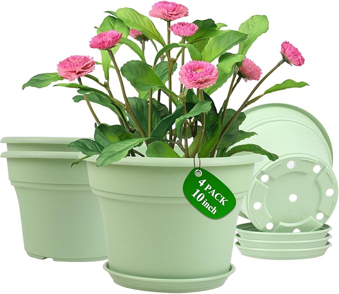 10 Inch Plastic-Flower-Pot-for-Indoor-Plants, 4 Pack Large Outdoor Planter Pot with Drainage Holes & Saucers, Resin Decorative Garden Pots Planters-HomvellaHome