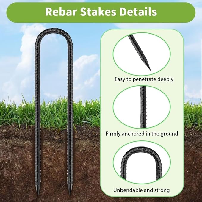 Ground-Stakes-Heavy-Duty-12 inch, U-Hook Rebar Stakes Black Coated Anti-Rust 10pcs Garden Stakes Metal Ground Anchors for Garden Dog Fence Chicken Coop Christmas Decorations Deer Fence-HomvellaHome