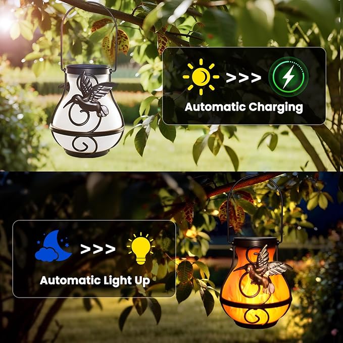 2 Pack Solar Lanterns for Outside Hanging,Solar Garden Lights Outdoor Waterproof with Flickering Flame,Led Lantern for Patio Yard Camping Halloween Decorations,Gardening Gifts for Mom-HomvellaHome