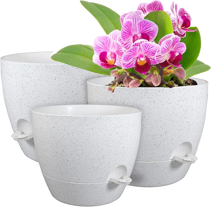 12/10/9 inch Large Self Watering Pots, Plant Pots with Mesh Drainage Holes for Indoor Outdoor Garden Plants, Flower Pots with Deep Reservoir, Set of 3 Plastic Planters, Specked White-HomvellaHome