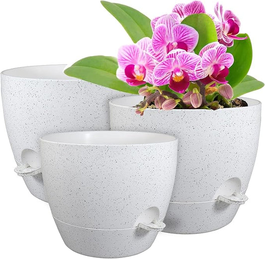 12/10/9 inch Large Self Watering Pots, Plant Pots with Mesh Drainage Holes for Indoor Outdoor Garden Plants, Flower Pots with Deep Reservoir, Set of 3 Plastic Planters, Specked White-HomvellaHome