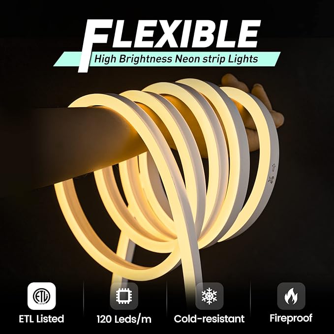 GZBtech Flexible LED Neon Rope Lights 132FT,AC 110-120V Waterproof Strip Light, 120 LEDs/M Cuttable Connectable Neon Lighting for Indoor Outdoor Home Decor/Commercial Building Use-Warm White 40M-HomvellaHome