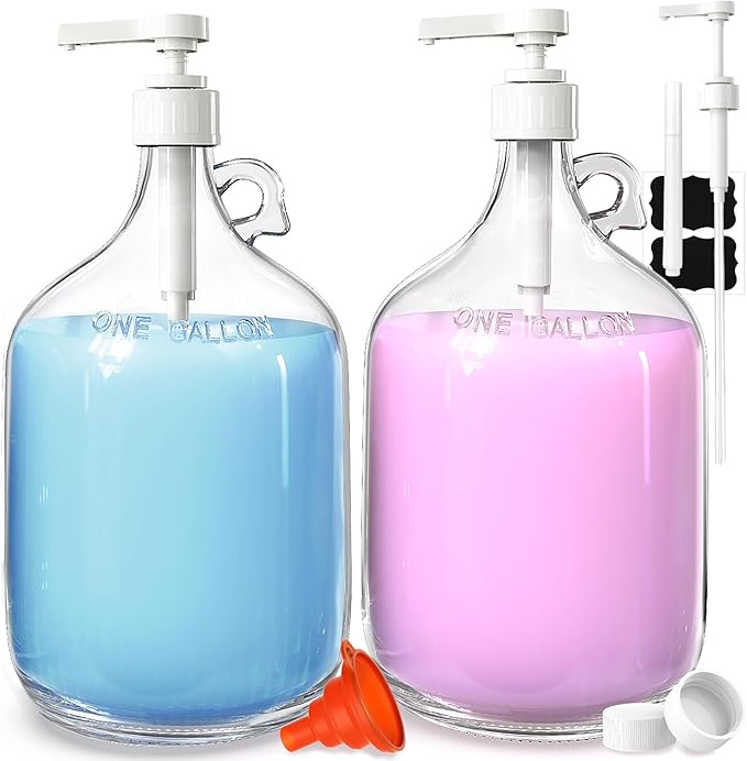 2 Pack Gallon Glass Pump Bottle Dispensers with 3 Pumps and 2 Airtight Lids, Laundry Soap Dispensers with 1 Funnel, Liquid Laundry Detergent Dispensers for Fabric Softener, Shampoo, Body Wash-HomvellaHome