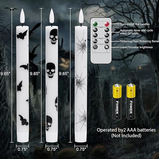 GenSwin Flameless Taper Candles with Remote Timer, 6Pcs LED Flickering Taper Candles Battery Operated Real Wax with Spider Webs/Skull/Bats Decals for Halloween Spooky Decoration (White, 0.78”x9.65”)-HomvellaHome