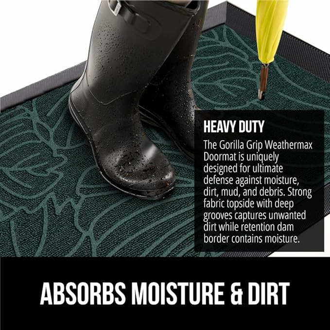 GORILLA GRIP 100% Waterproof All-Season WeatherMax Doormat 35x23, US Designed Natural Rubber, Stain and Fade Resistant, Low Profile Indoor Outdoor Door Mats, Easy Clean Patio Mat, Green Palm-HomvellaHome