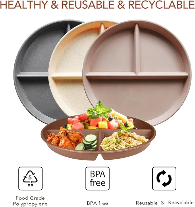 greenandlife 9 Inch 4PCS Unbreakable Portion Control Plates, Divided Plates for Kids Adults, Dishwasher & Microwave Safe Compartment Plate, Lightweight Reusable Wheat Straw Plate, BPA Free-HomvellaHome