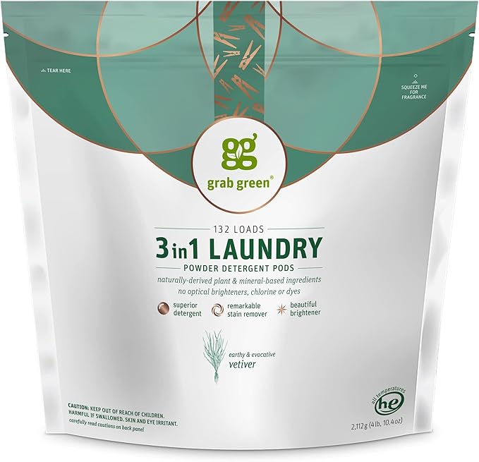 Grab Green 3-in-1 Laundry Detergent Pods, 132 Count, Vetiver Scent, Plant and Mineral Based, Superior Cleaning Power, Stain Remover, Brightens Clothes-HomvellaHome