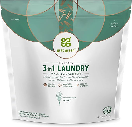 Grab Green 3-in-1 Laundry Detergent Pods, 132 Count, Vetiver Scent, Plant and Mineral Based, Superior Cleaning Power, Stain Remover, Brightens Clothes-HomvellaHome