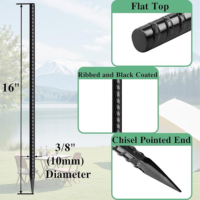 16 Inch Rebar Stakes 30 Pack Heavy Duty Ground Anchors with Chisel Point End Long Straight Steel Tent Stakes 3/8" Thickness Metal Spikes Black Coated for Concrete Timber Camping Garden Plant-HomvellaHome