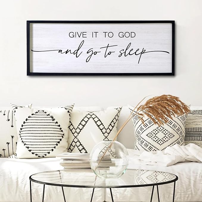 Give It to God and Go to Sleep Decorative Rustic Sign & Plaque Framed Wall Art for Couples, 40''×15'' Cottagecore Wooden Horizontal Wall Decor Above Bed, Vintage Farmhouse Wedding Gift for Bedroom-HomvellaHome