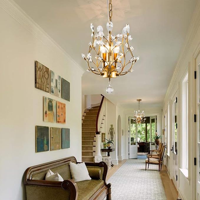 Ganeed Crystal Chandeliers,K9 Crystal Pendant Light with 3-Light Chandelier Lighting Fixtures,Ceiling Light for Living Room Bedroom Restaurant Hallway (Gold)-HomvellaHome