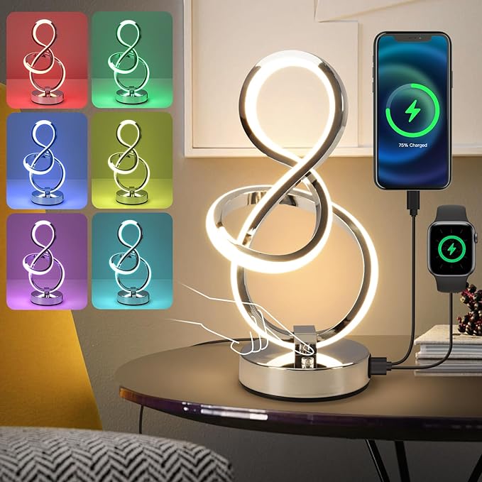 Modern Spiral Table Lamp, 7 Colors 10 Light Modes LED Nightstand Small Lamp with USB C+A Ports, Touch Dimmable Lamps for Living Room Bedroom Bedside, Unique & Cool Lamps,Silver-HomvellaHome