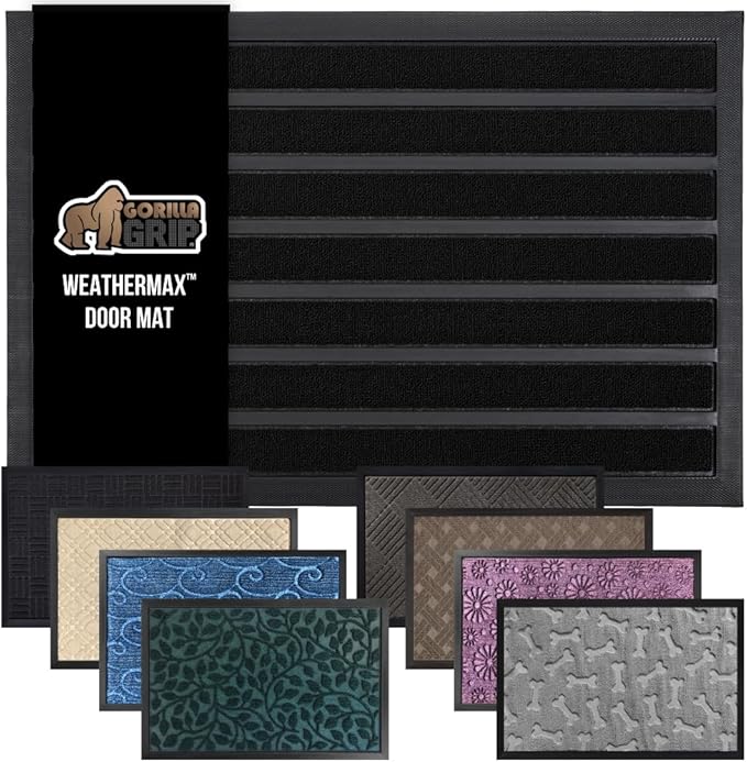 GORILLA GRIP 100% Waterproof All-Season WeatherMax Doormat US Designed Natural Rubber, Stain and Fade Resistant, Low Profile Indoor Outdoor Door Mats, Easy Clean Patio Mat, 23x35, Black Stripe-HomvellaHome