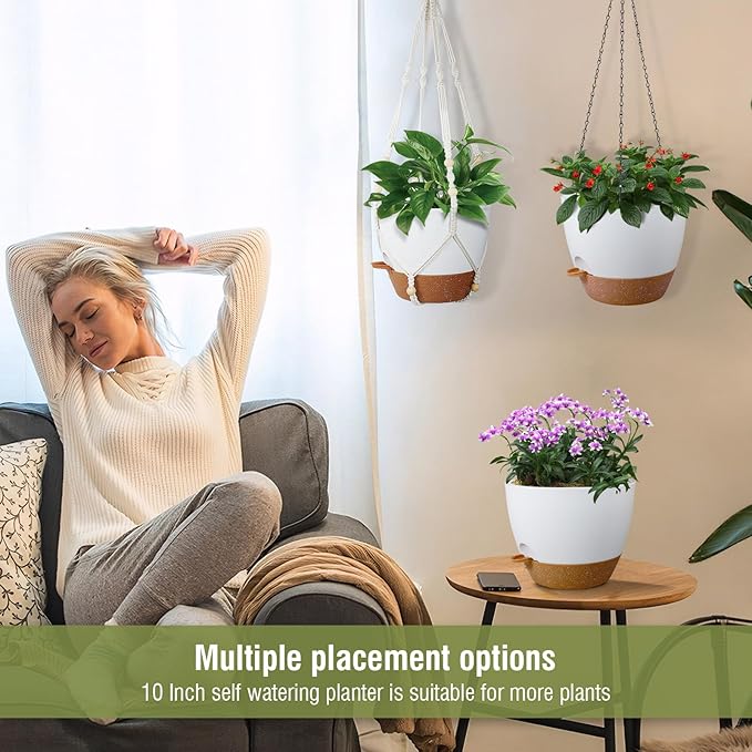 10 inch Self Watering Hanging Planters, 2 Pack Hanging Baskets for Indoor Outdoor Plants, Hanging Flower Pots with Drainage Holes & 2 Kinds of Plant Hangers for Garden Home Décor, White Brown-HomvellaHome