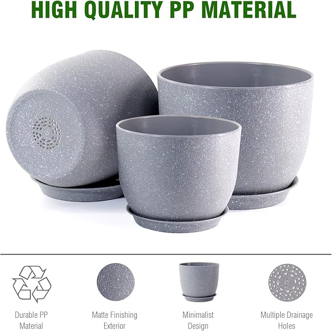 12/10/9 inch Large Plant Pots, 3 Pack Modern Decorative Plastic Planters with Drainage Holes and Saucer for House Garden Plants, Flower Pots for Indoor Outdoor Plants, Speckled Grey-HomvellaHome