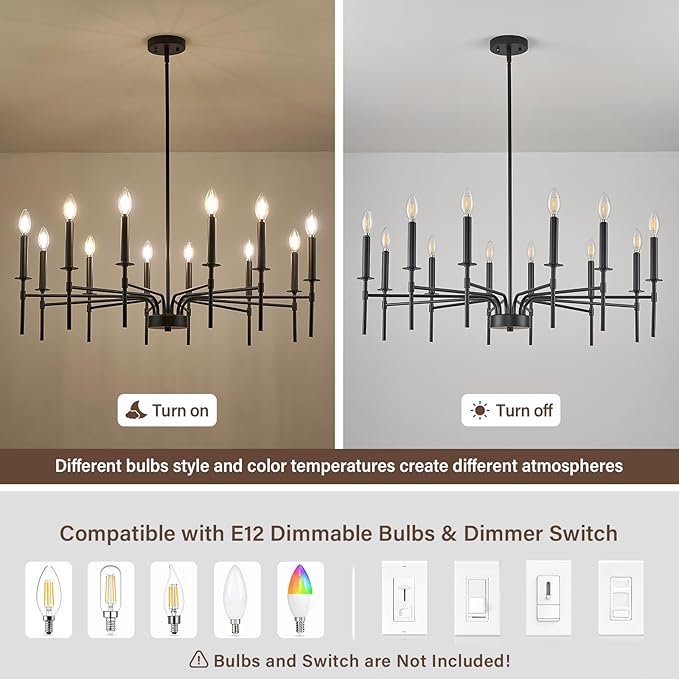 12 Light Black Chandelier Light Fixture, Modern Farmhouse Chandeliers for Dining Room Light Fixture, Metal Candle Pendant Chandelier for Foyer Entryway Stairs Living Room Bedroom Kitchen-HomvellaHome