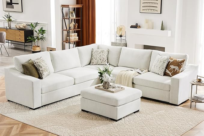 112" Modular Sectional Sofa, Large 7 Seater L Shaped Couch with Detachable Sofa Cover, Movable Ottoman, Deep Seat Corner Couch for Living Room, Apartment - Linen Fabric, Ivory-HomvellaHome