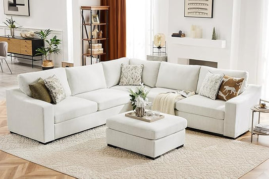 112" Modular Sectional Sofa, Large 7 Seater L Shaped Couch with Detachable Sofa Cover, Movable Ottoman, Deep Seat Corner Couch for Living Room, Apartment - Linen Fabric, Ivory-HomvellaHome