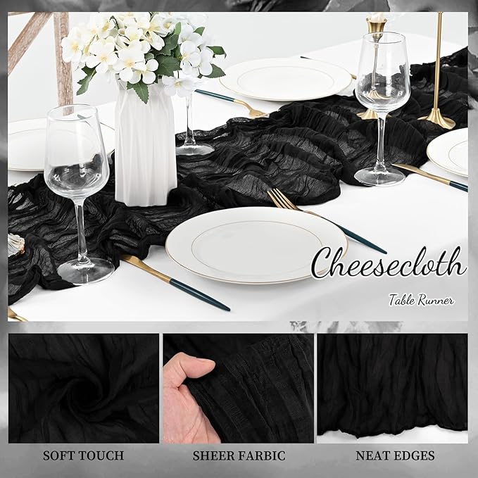 10FT 20 Pack Black Cheesecloth Table Runner 20 x 120 Inch Long Boho Fabric Rustic Cheese Cloth Table Runner for Wedding Bridal Shower Baby Shower Gauze Sheer Birthday Party Table Decorations-HomvellaHome