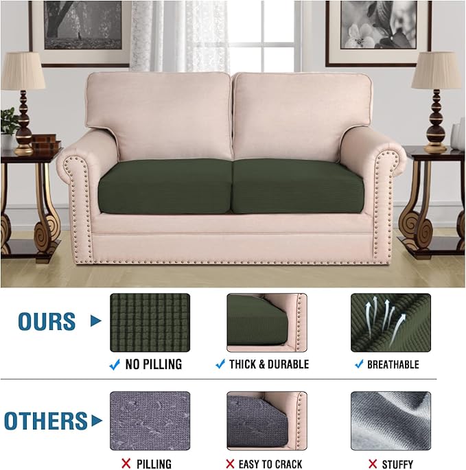 H.VERSAILTEX Super Stretch Individual Seat Cushion Covers Sofa Covers Couch Covers Slipcover Sets Thick Jacquard Textured Twill Fabric (2 Piece Large Sofa Cushion Covers, Olive)-HomvellaHome