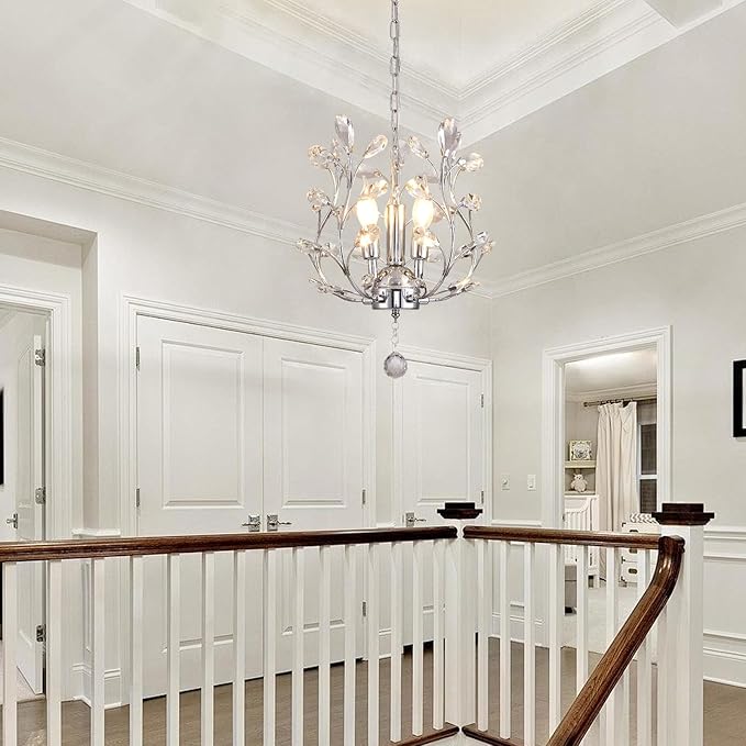 Ganeed 3-Light Branch Crystal Chandelier, Small Flush Mount Vintage Pendant Hanging Lighting, K9 Crystal Farmhouse Ceiling Light for Dining Room Bedroom Living Room Kitchen Hallway, Chrome Silvery-HomvellaHome