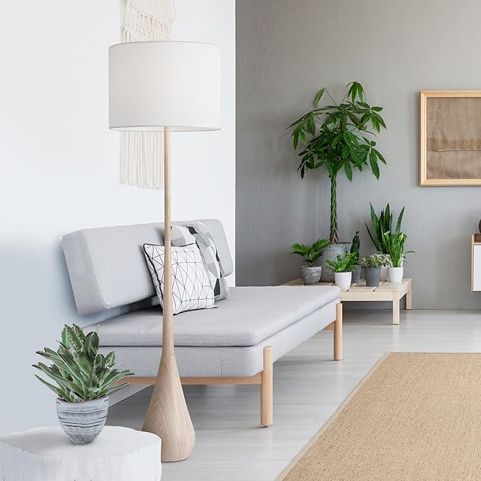 GLOBE Electric 52112 65" Floor Lamp, Faux Wood Finish, White Cotton Shade, Japandi Style, E26 Base, Modern Bedroom and Living Room Lighting-HomvellaHome